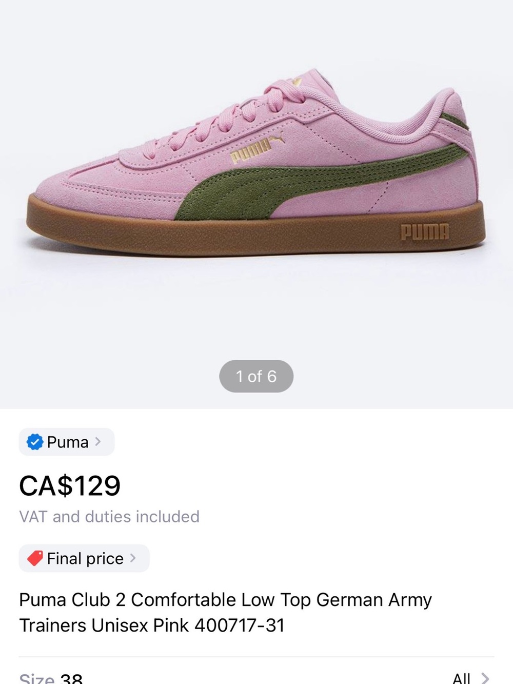 Puma Pink and Olive Green Low-Top Sneakers NWT Size 8 ladies